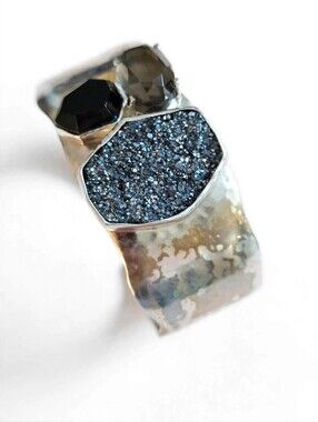 Sterling Silver Blue Druzy & Faceted Stone Cuff Bracelet